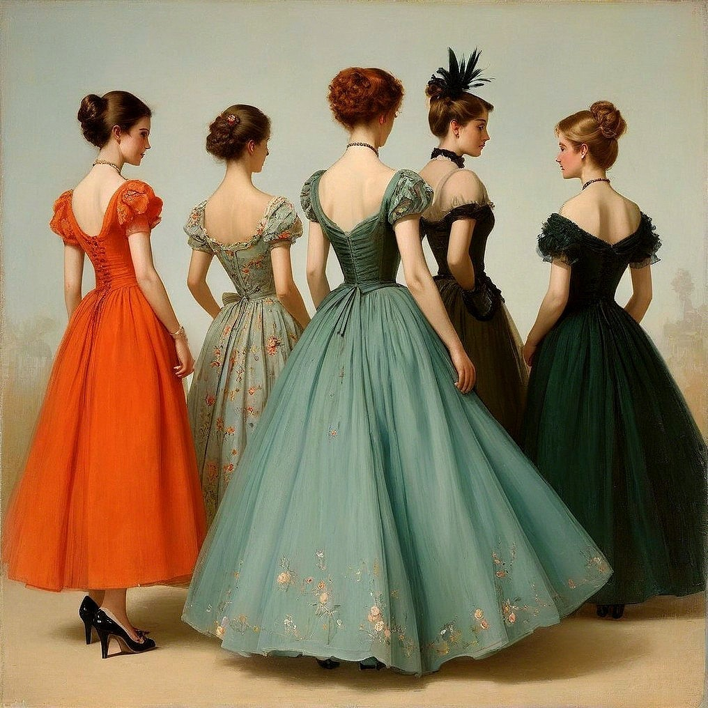 Elegant Women in Colorful Gowns with Floral Details