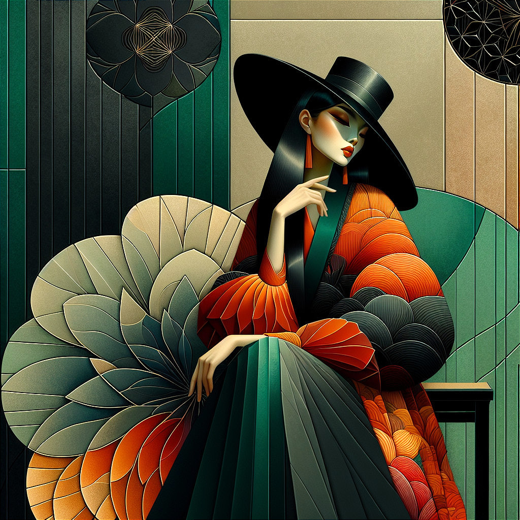 Stylized Woman in Vibrant Garment with Floral Motifs