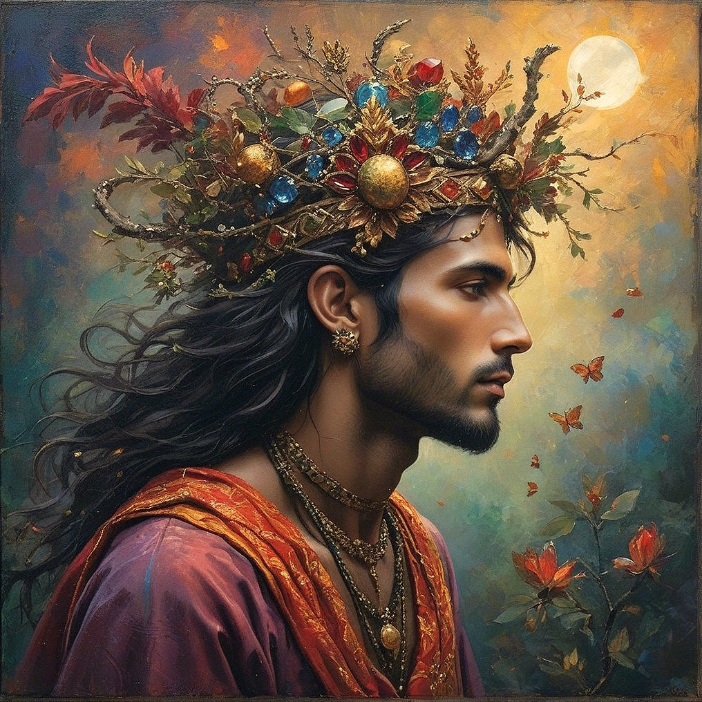 Regal Young Man with Crown and Dreamy Background