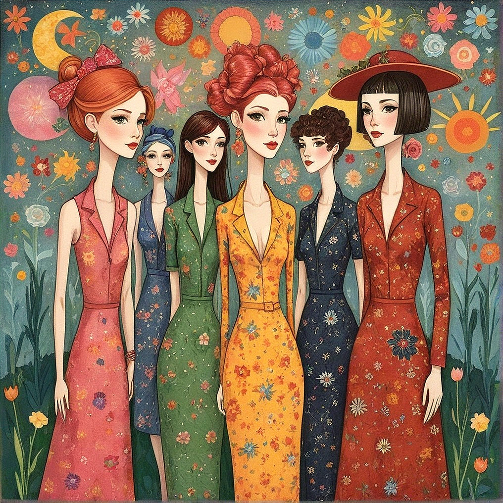 Whimsical Illustration of Women in Floral Landscape
