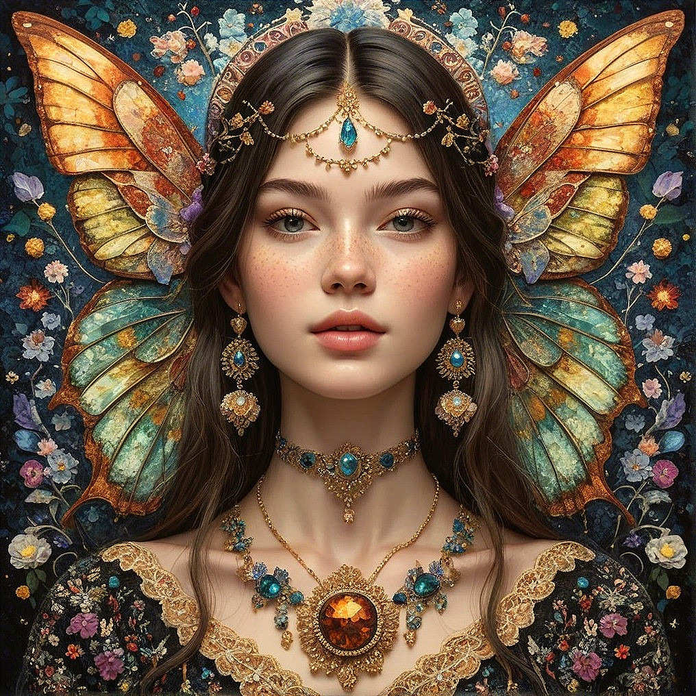 Portrait of a young woman with butterfly wings and jewelry