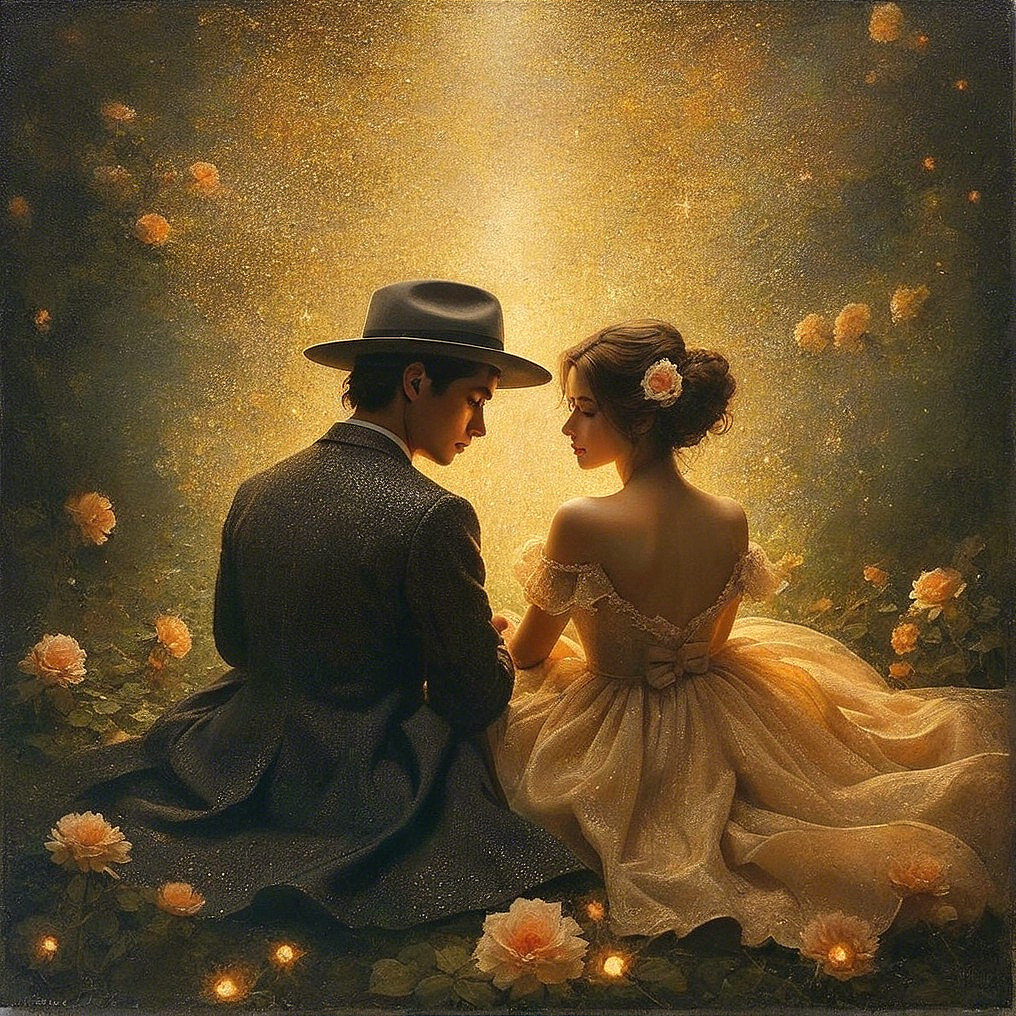 Romantic Couple in Warm Glow Surrounded by Roses