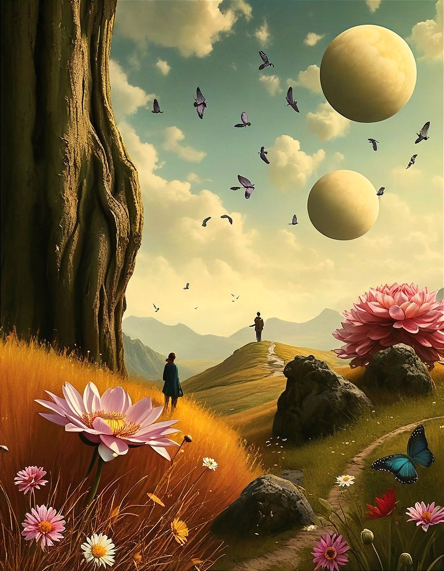 Fantastical Landscape with Ancient Tree and Moons