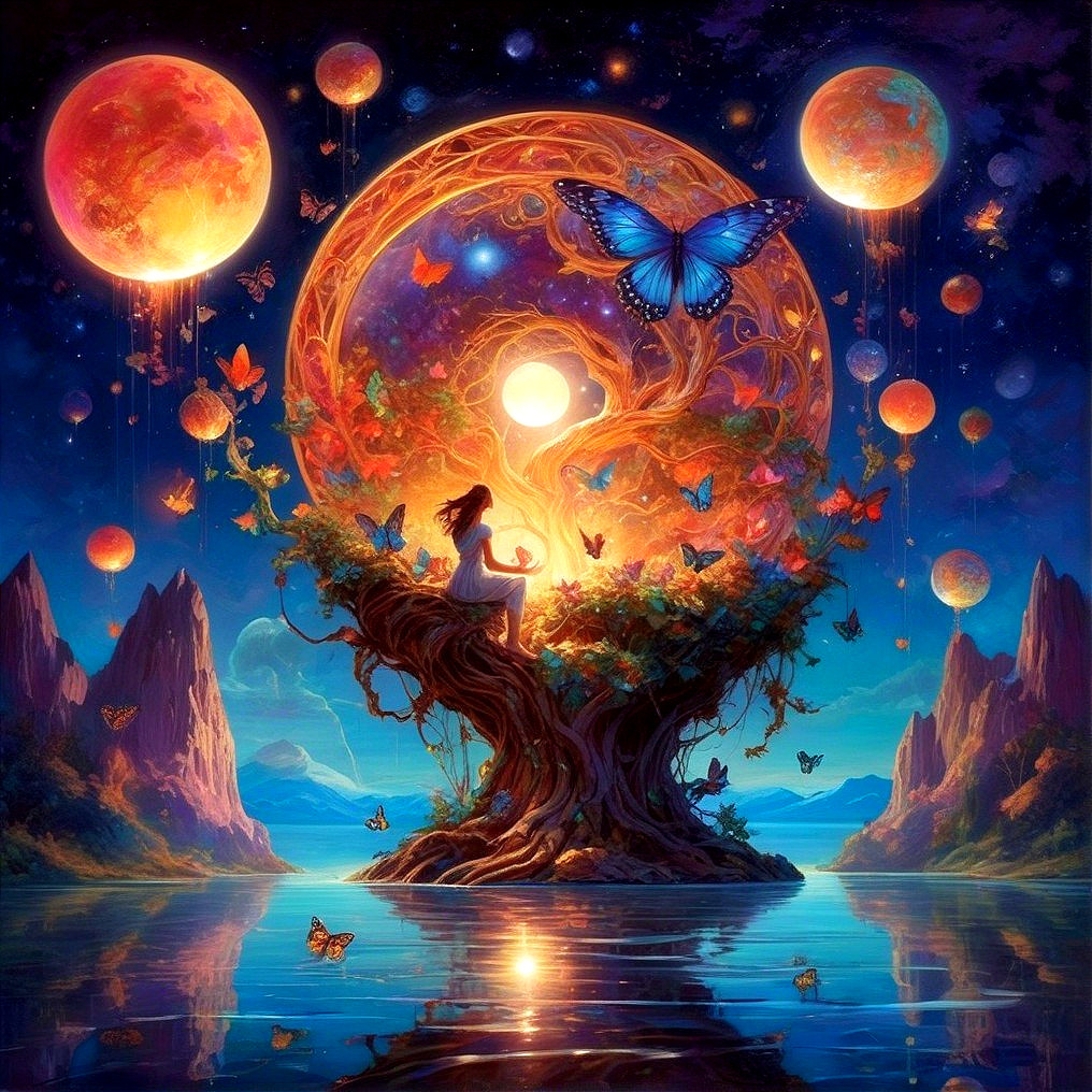 Meditative Figure on a Tree by Tranquil Waters