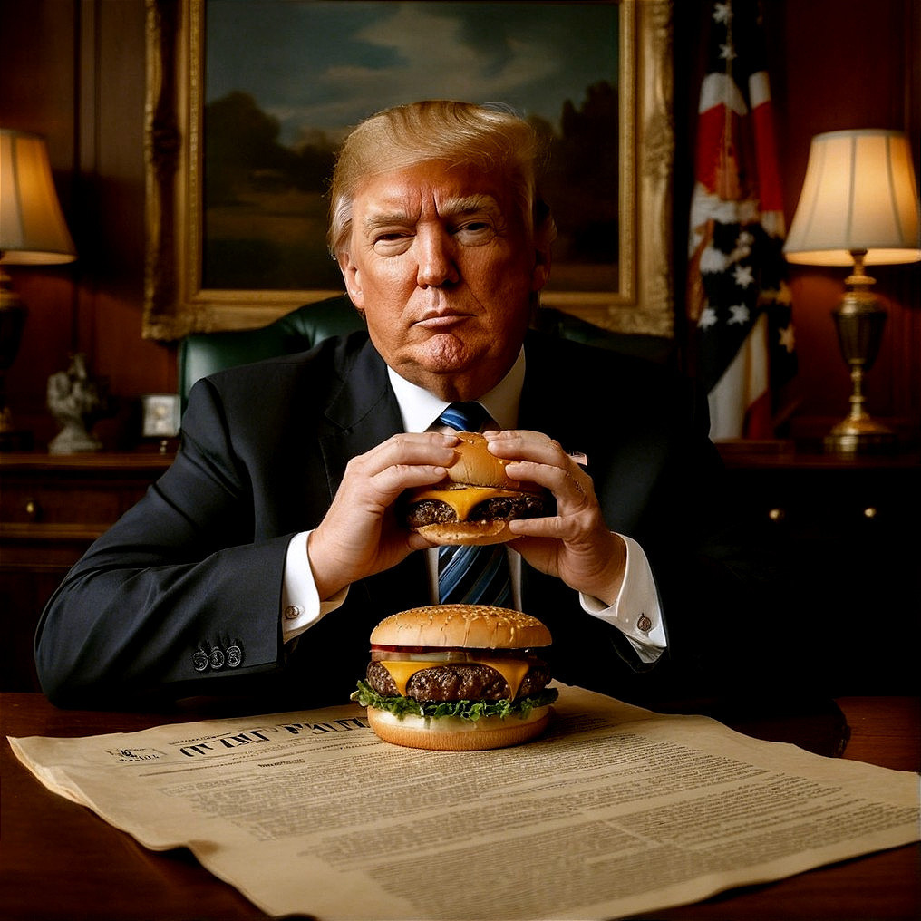 Man with unique hairstyle at desk with hamburger