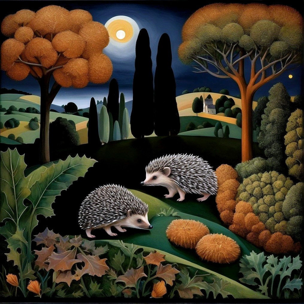 Hedgehogs in a Whimsical Moonlit Landscape