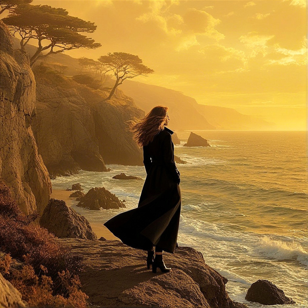 Woman in Black Coat on Cliffs at Sunset Over Ocean