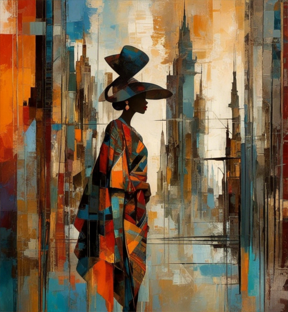 Silhouette of Woman in Abstract Cityscape Design
