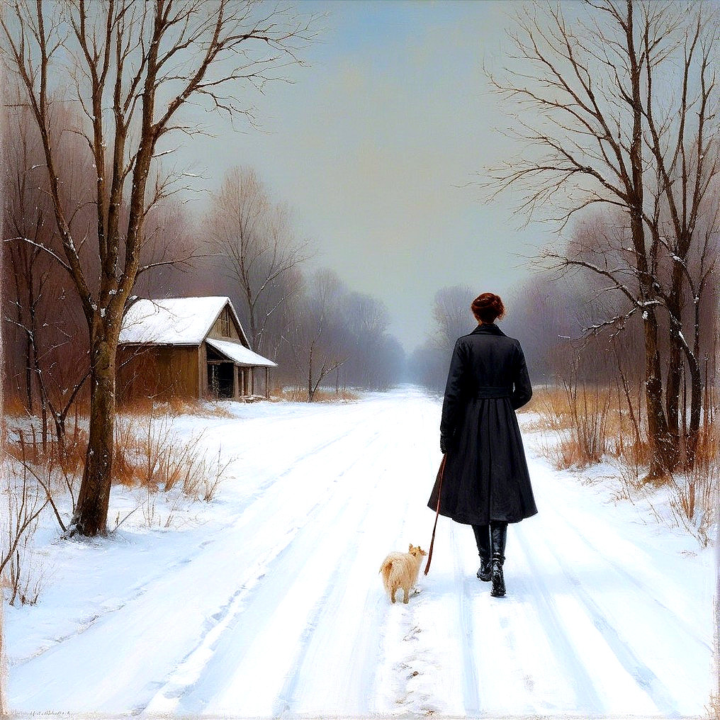Woman in Black Coat Walking Dog on Snowy Path