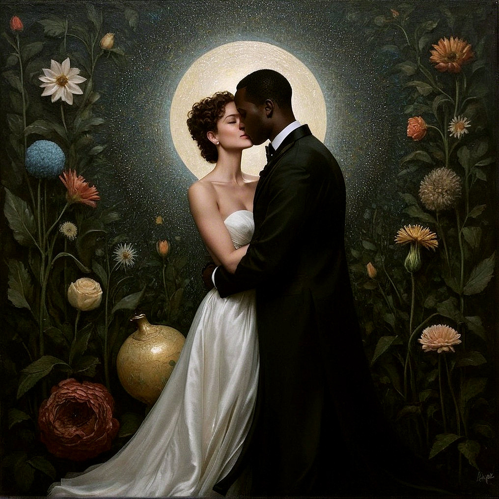 Couple Embracing Under Full Moon with Vibrant Flowers