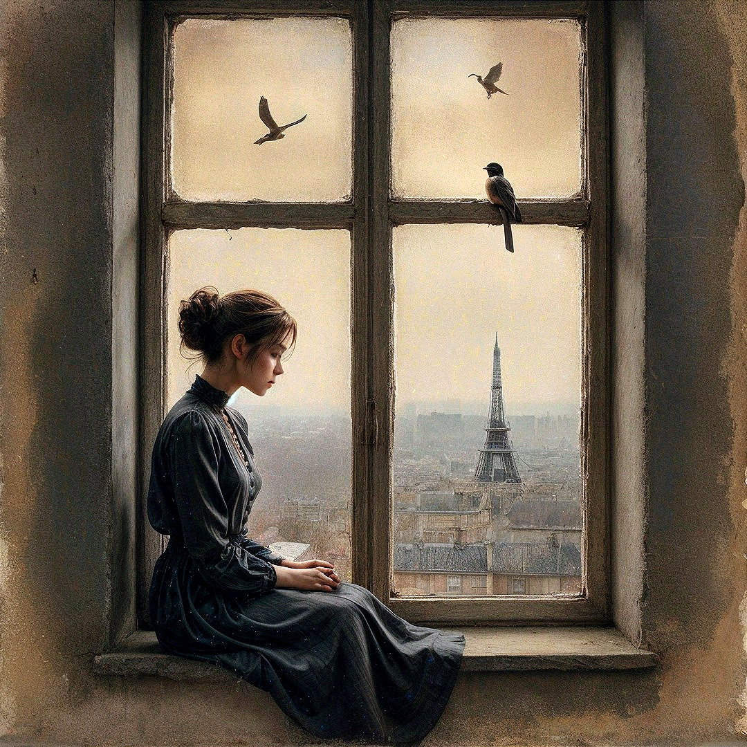 Vintage Painting of Woman at Parisian Windowsill