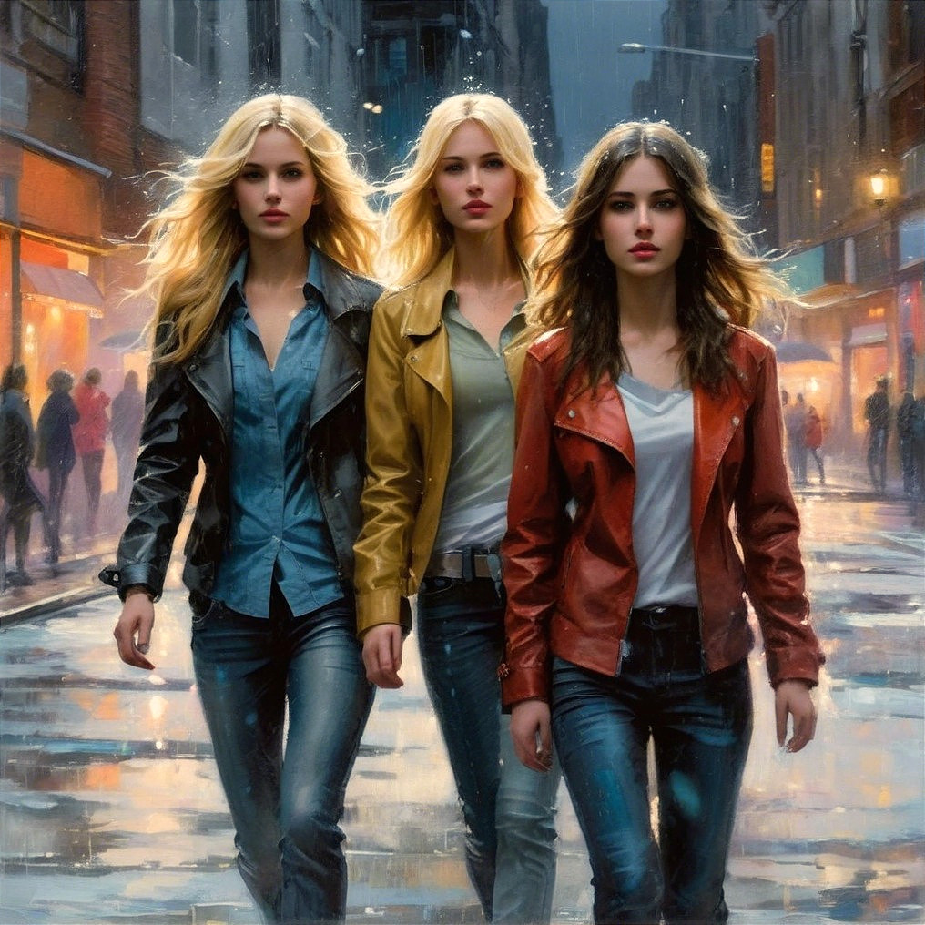 Young Women in Stylish Jackets on Rainy Street
