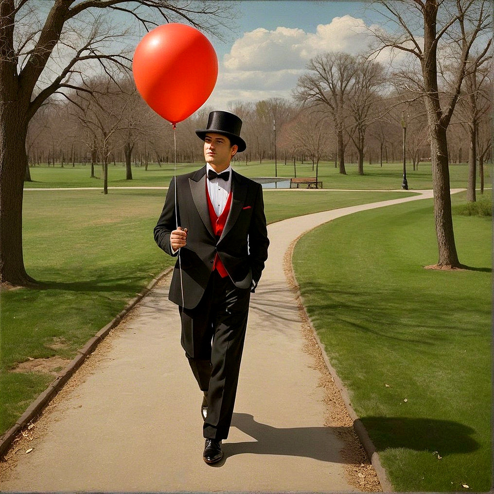 Young man in tuxedo with red balloon in park