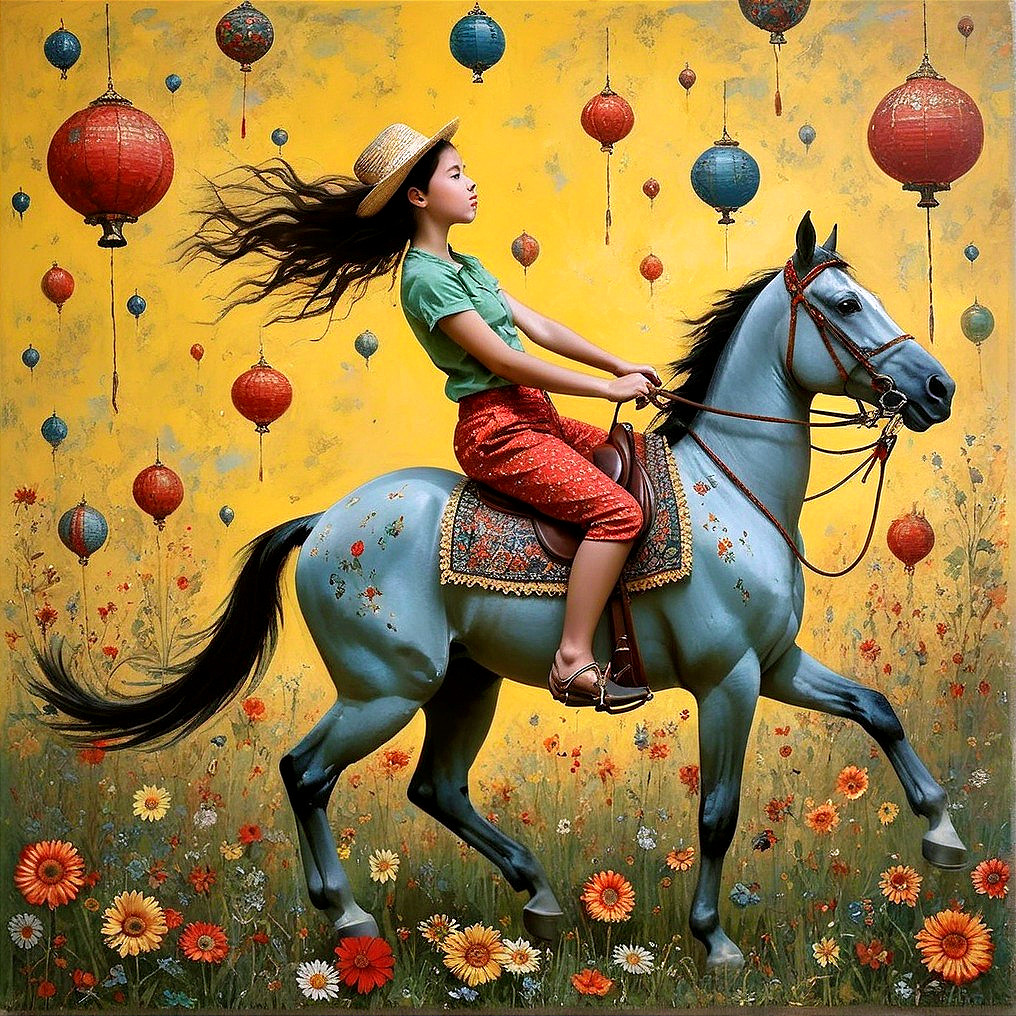Young girl riding gray horse in vibrant, whimsical setting