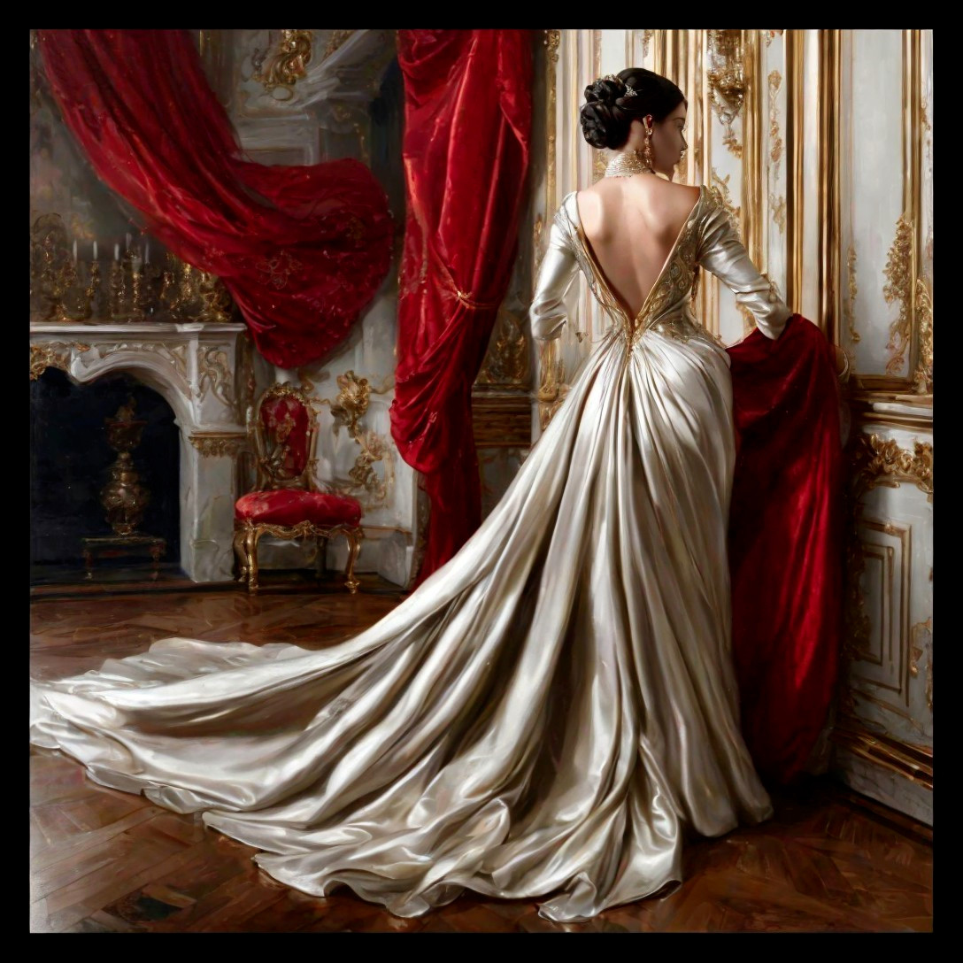 Elegant Woman in Satin Gown in Baroque Room