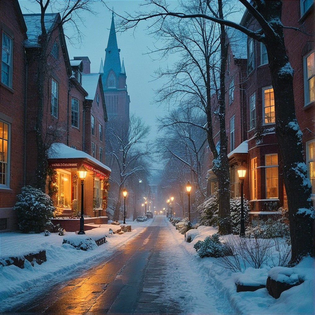 Snowy Street Scene with Brick Buildings and Decorations