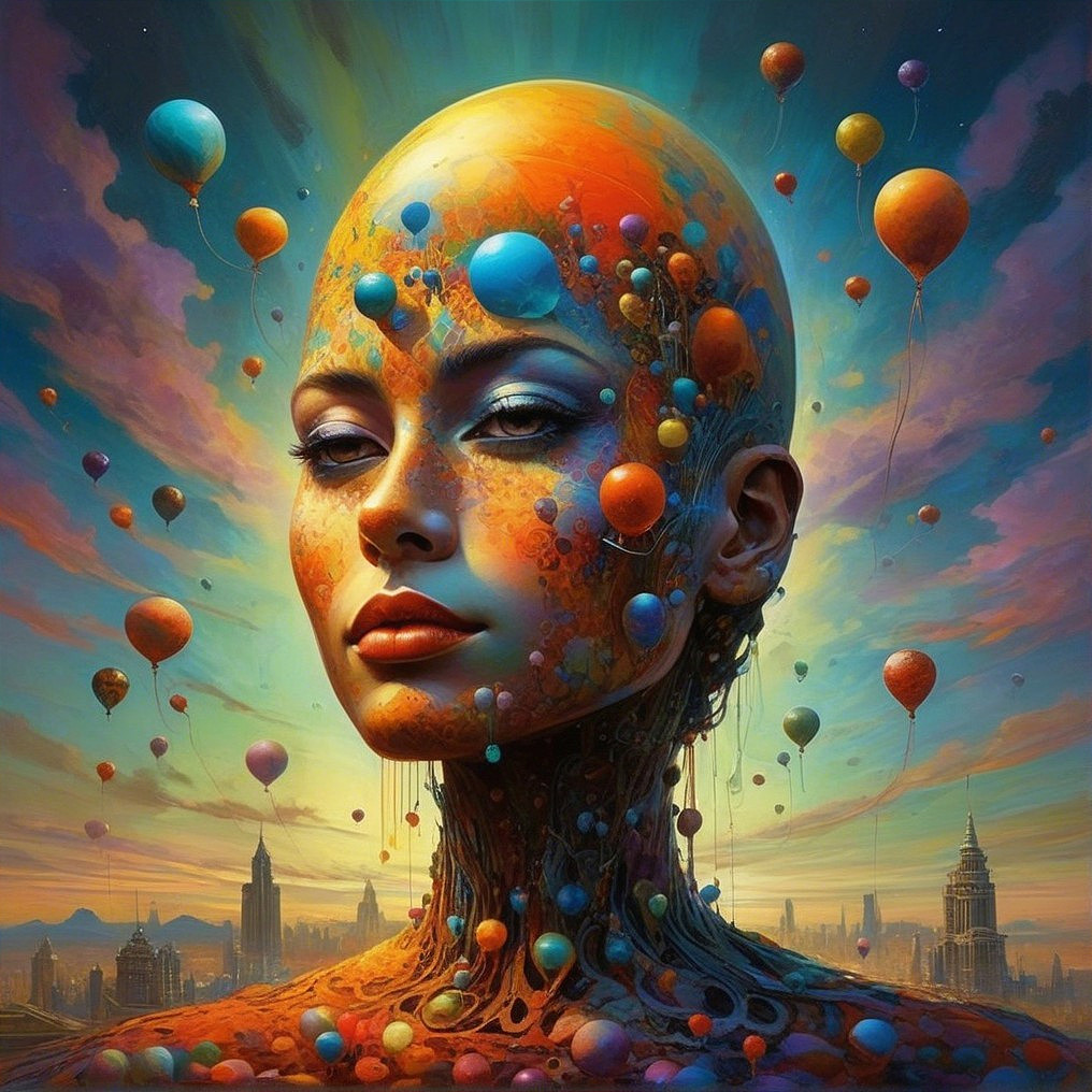 Surreal Portrait of a Bald Woman with Colorful Balloons