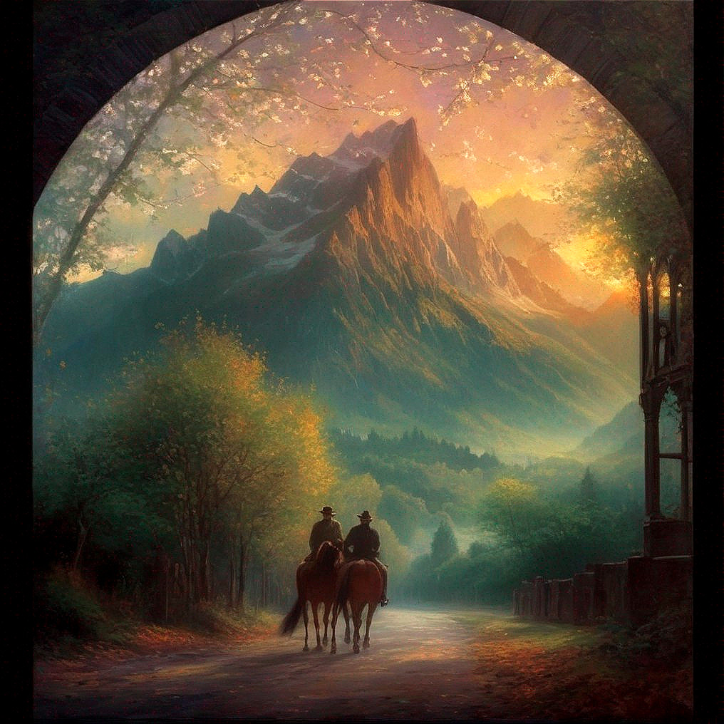 Serene Landscape with Riders and Majestic Mountains