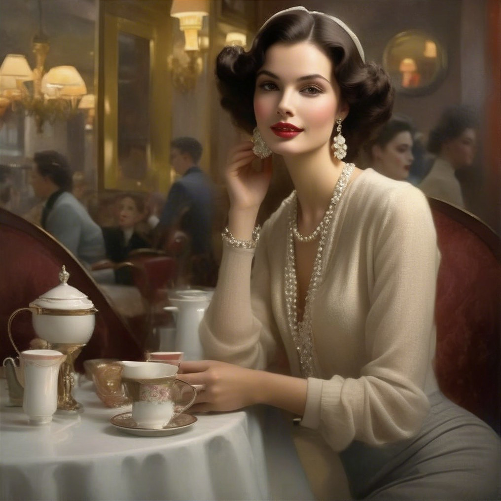 Elegant Woman in Café with Pearls and Teacup