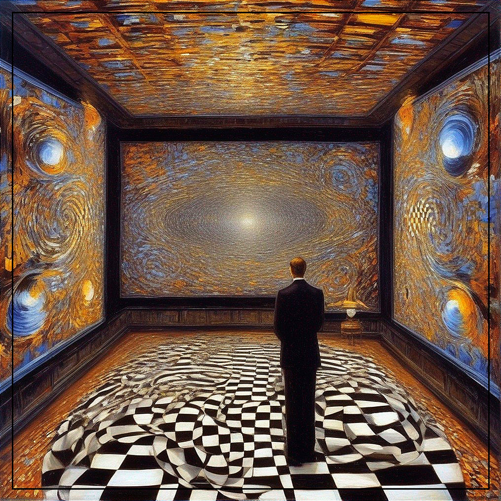 Surreal Room with Swirling Patterns and Luminous Vortex