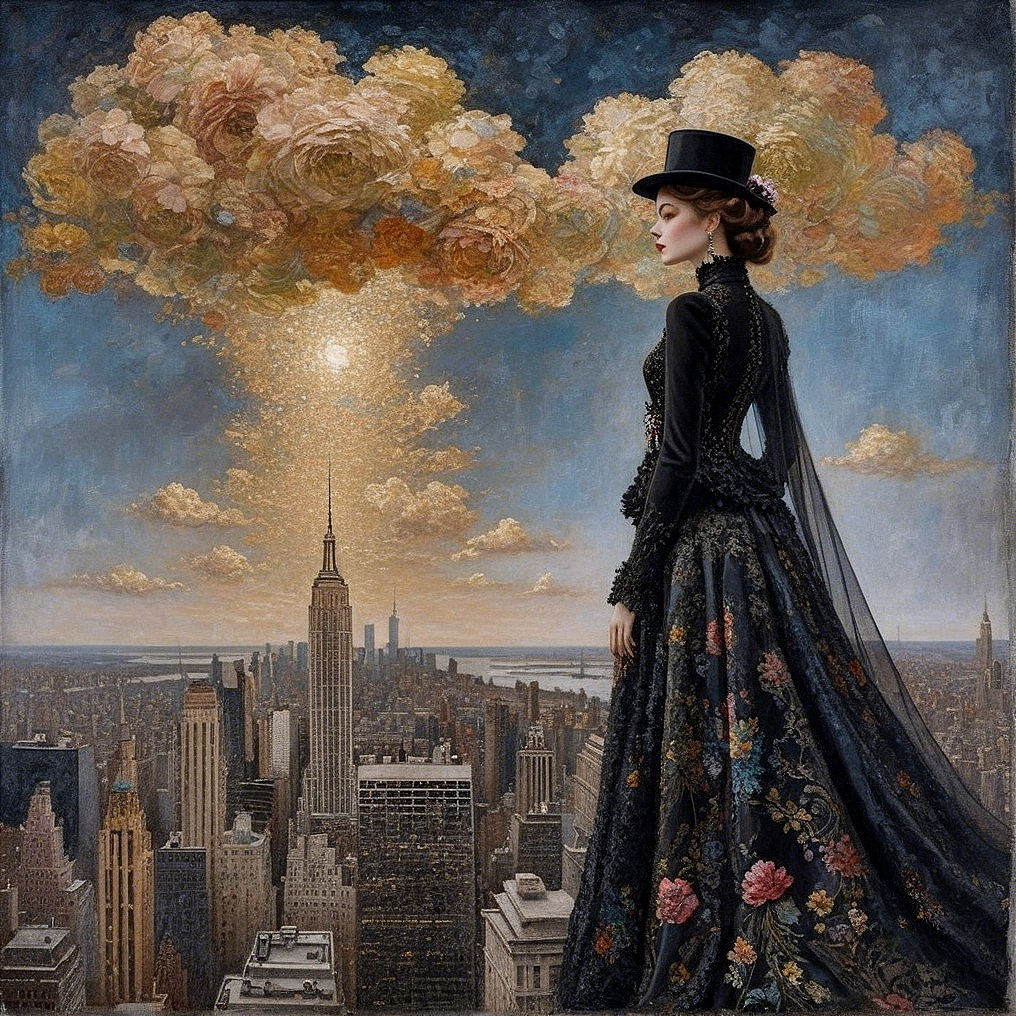 Vintage Attire Woman on Skyscraper with Cityscape View