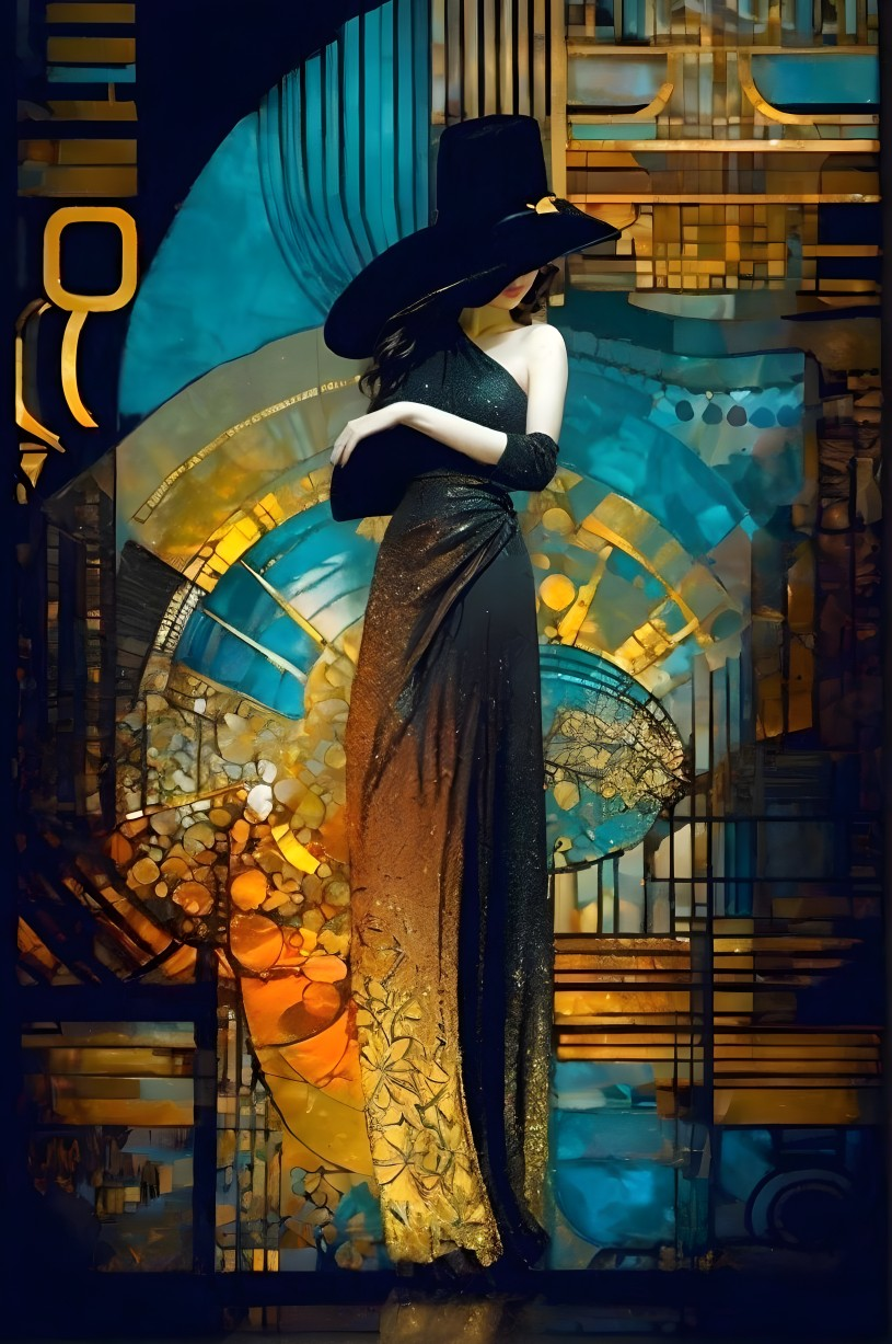 Elegant figure in dark gown with vibrant stained glass