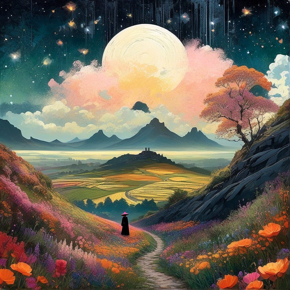Serene Night Landscape with Moon and Castle Ruins