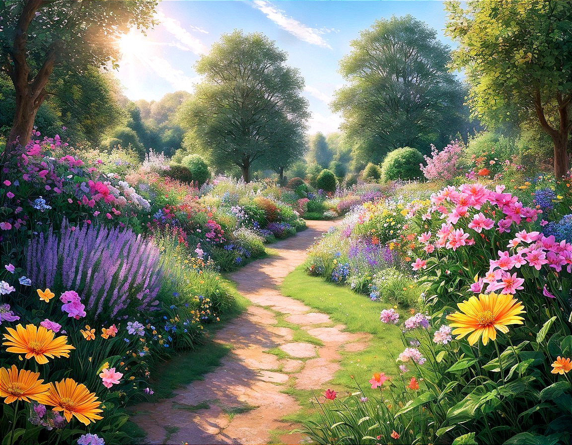 Vibrant Garden Path Surrounded by Blooming Flowers