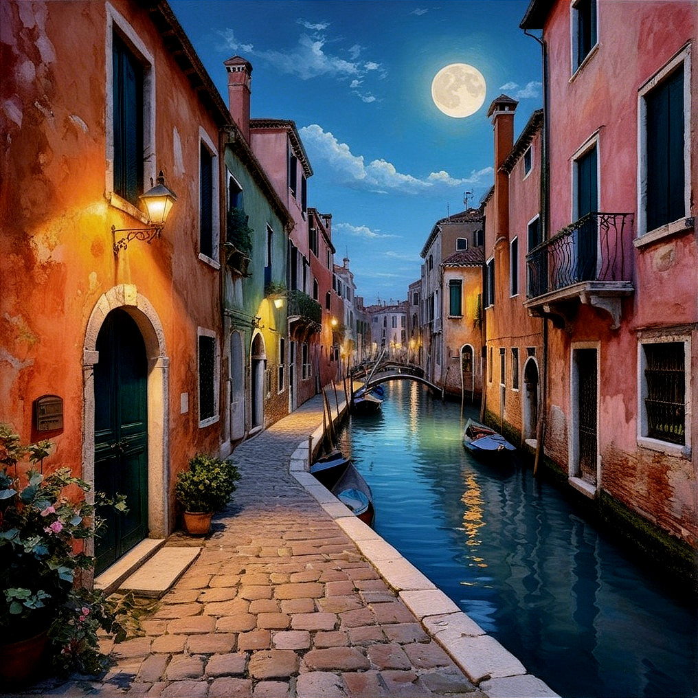 Venetian Canal Scene with Moonlight and Historic Buildings