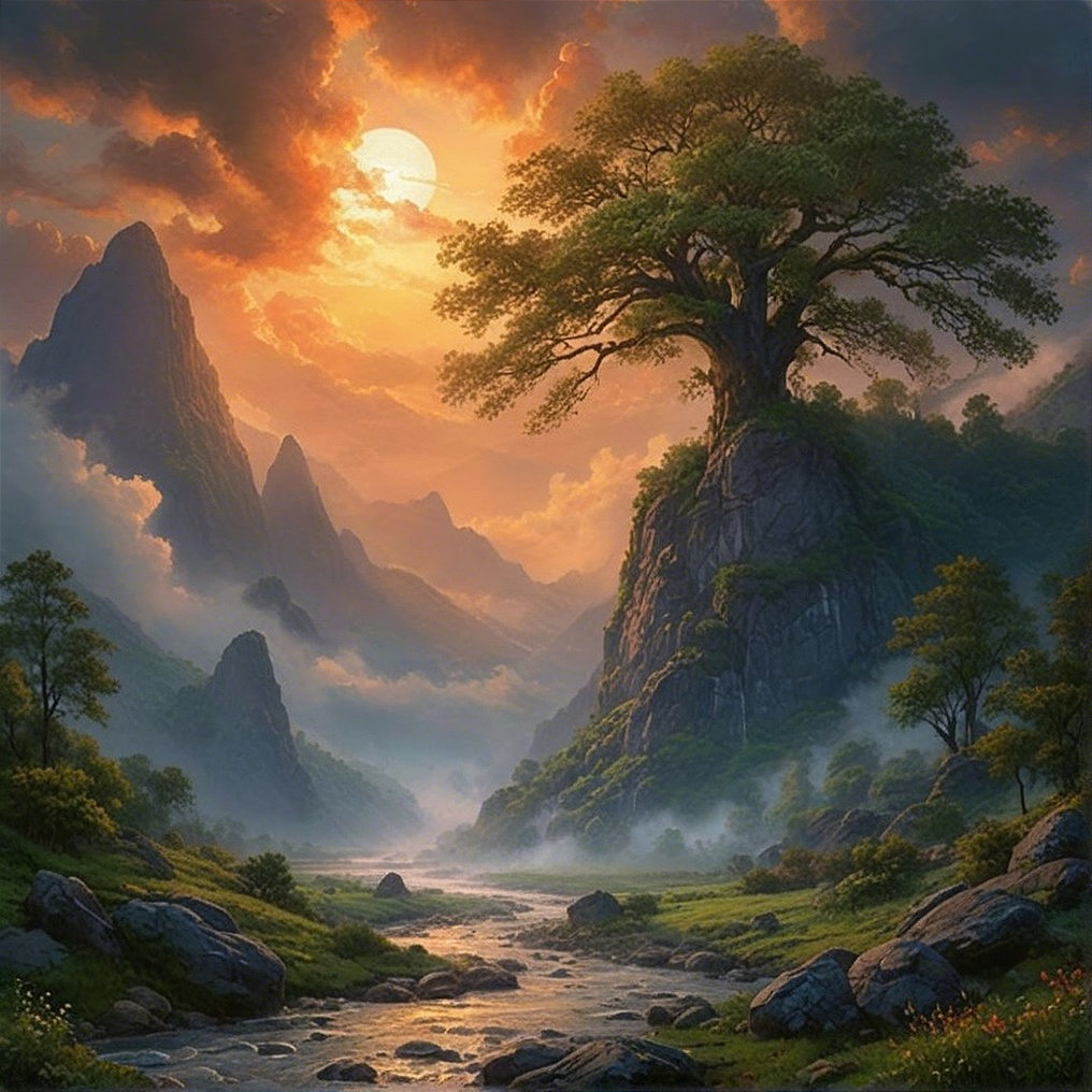 Majestic Sunset Landscape with Mountains and River