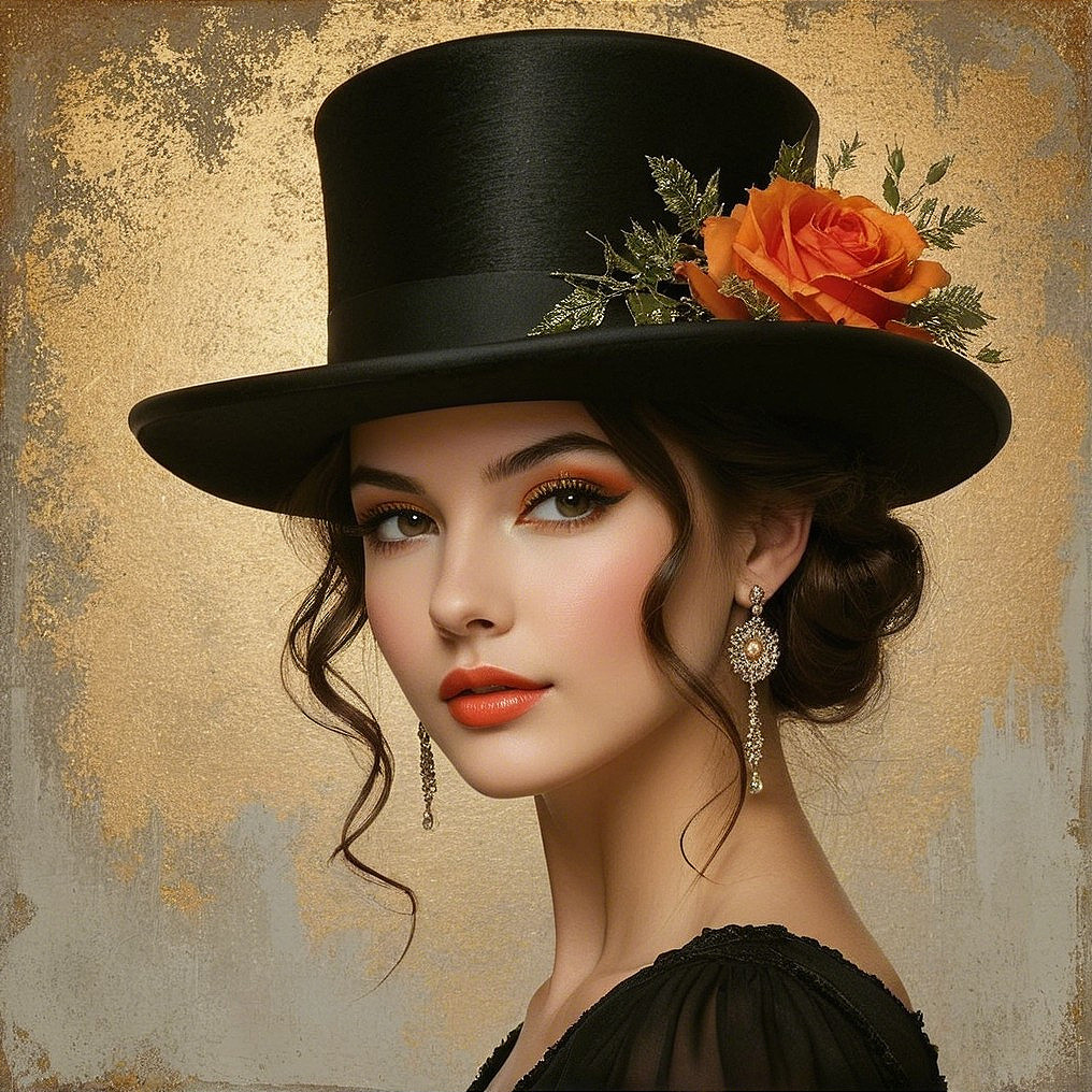 Elegant Young Woman in Black Top Hat with Rose