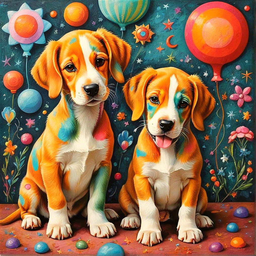 Playful Puppies in Colorful Whimsical Setting
