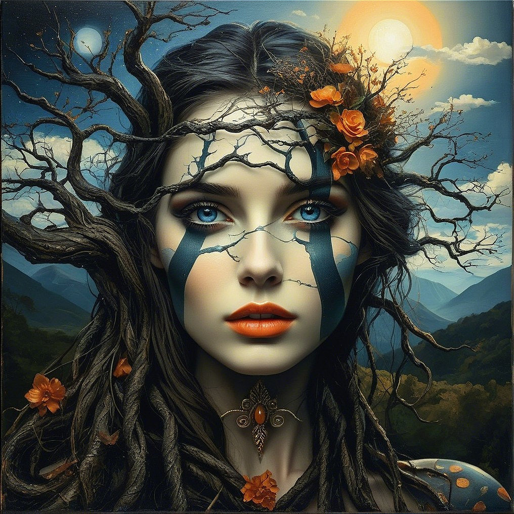 Woman with Tree Branches in Hair and Mountain Landscape