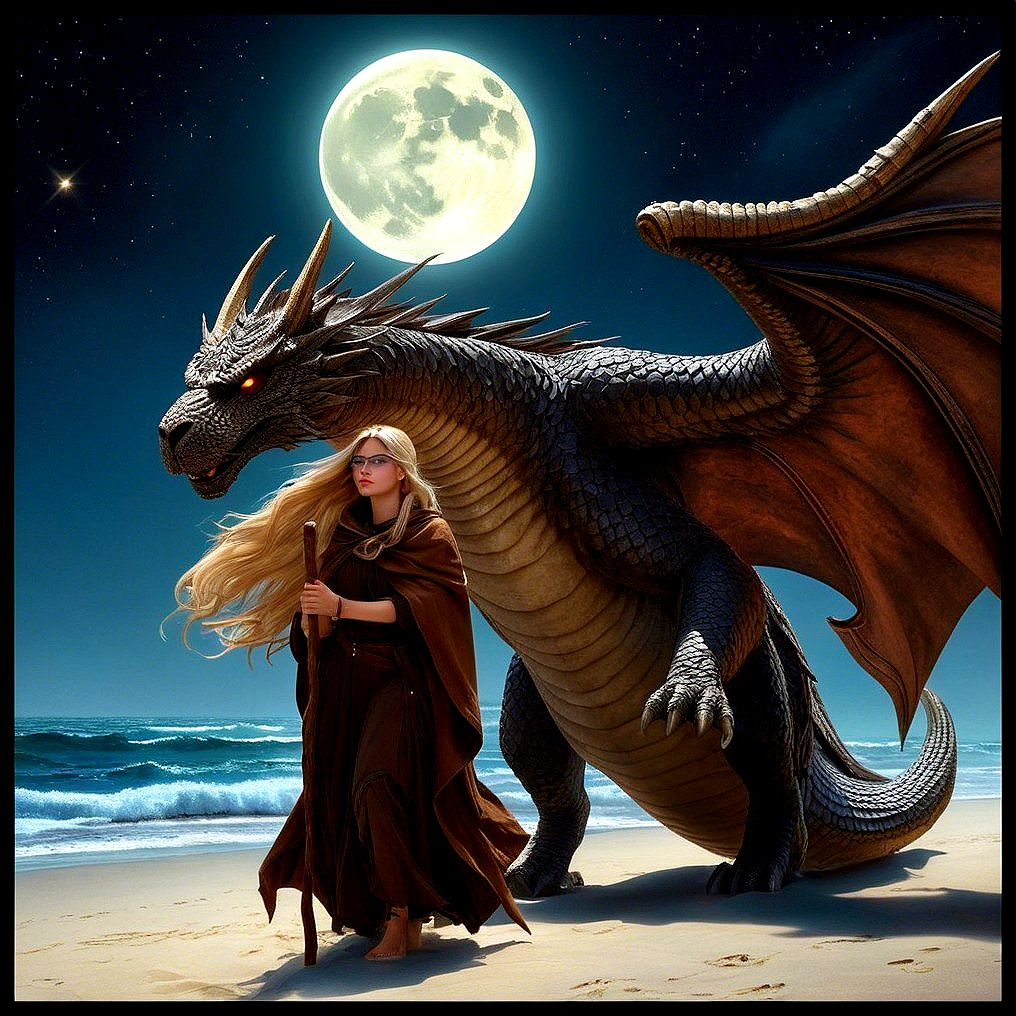 Moonlit Beach with Dragon and Cloaked Figure