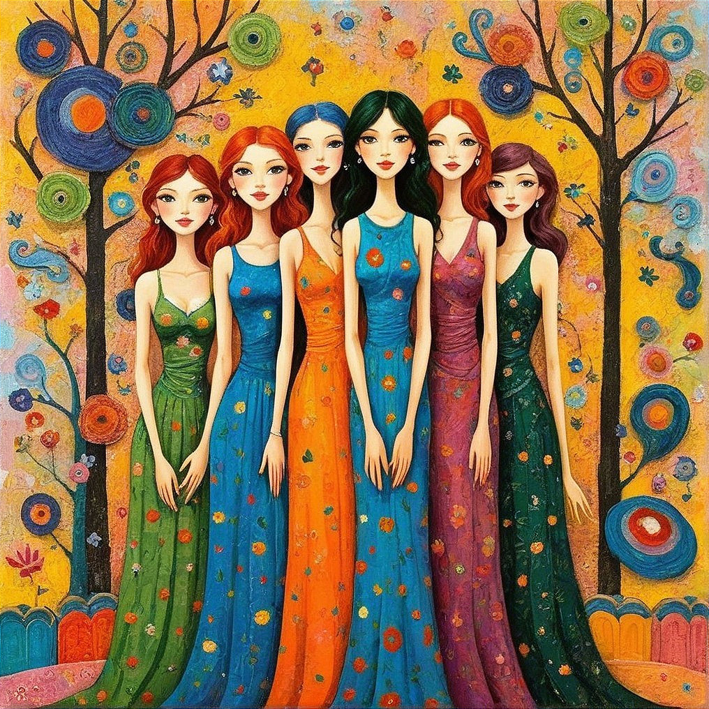 Stylized Women in Floral Dresses Against Abstract Background