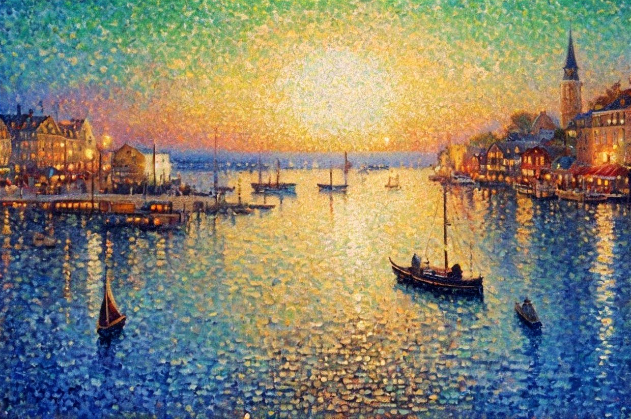 Vibrant Sunset Over Tranquil Harbor and Colorful Buildings