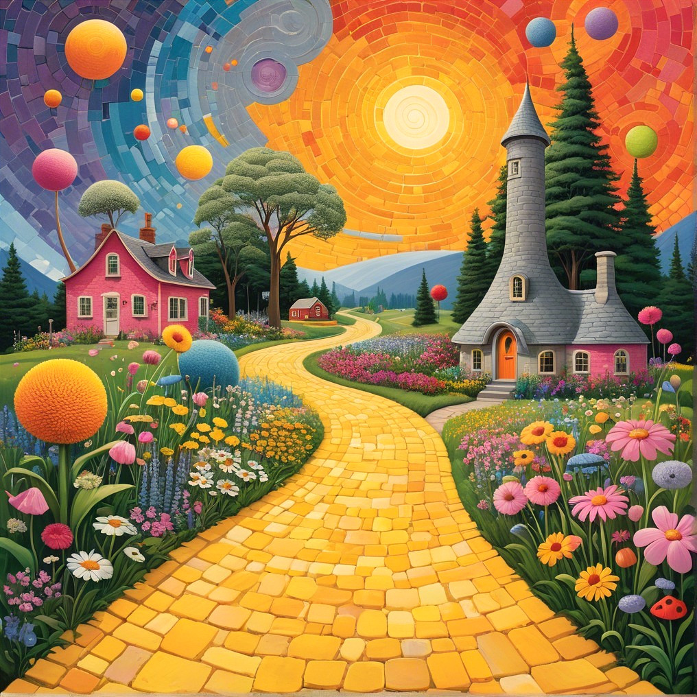 Whimsical Landscape with Yellow Brick Road and Gardens