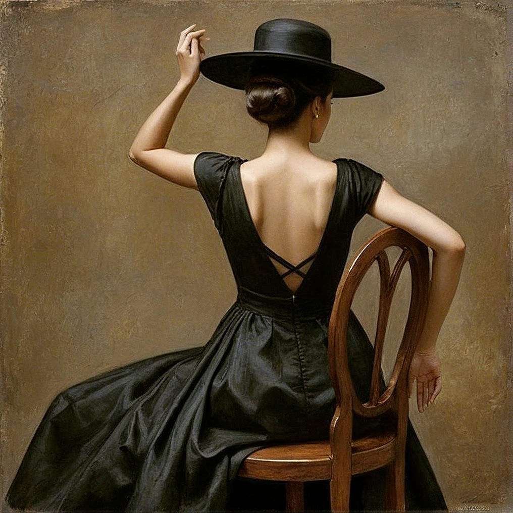 Woman in Black Dress Seated with Elegant Posture