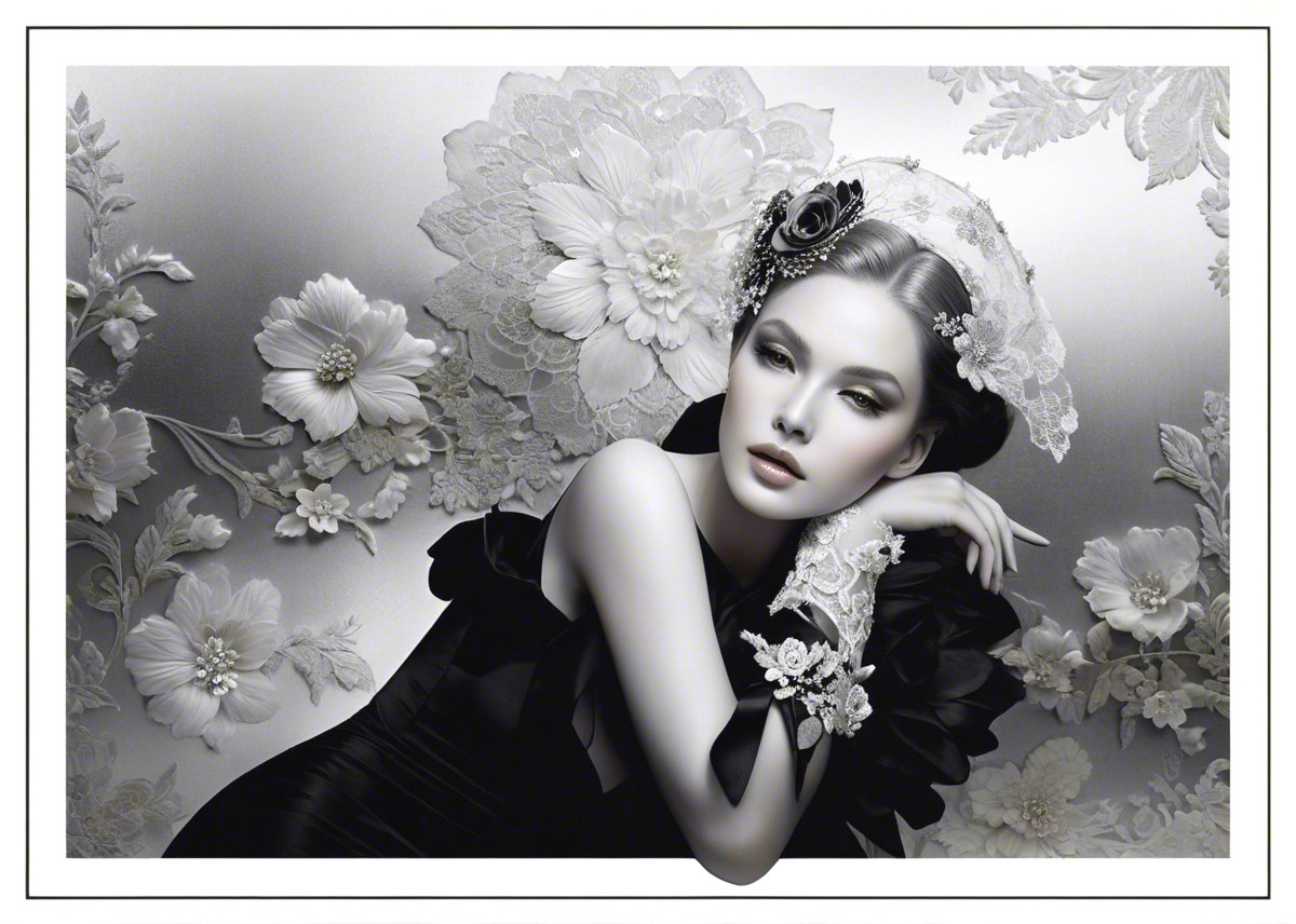 Elegant Portrait of a Woman in Dark Lace Gown