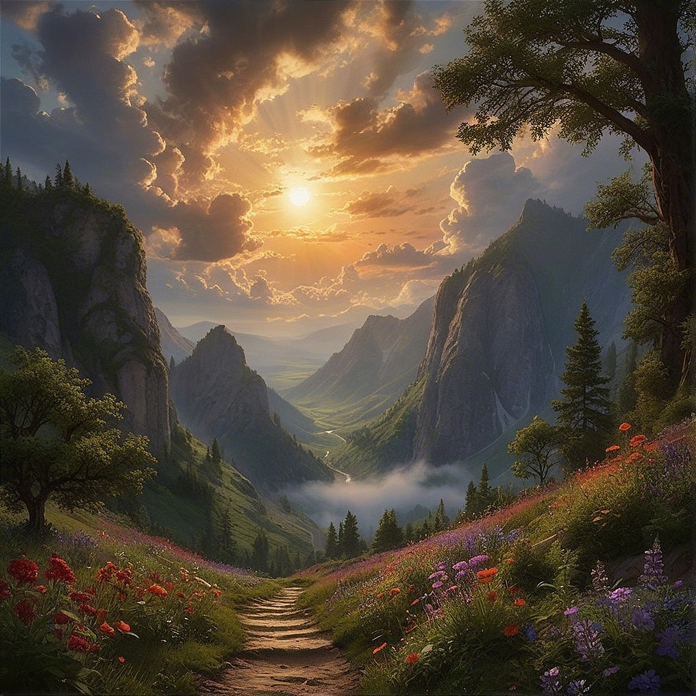 Sunset Landscape with Mountains and Wildflower Valley