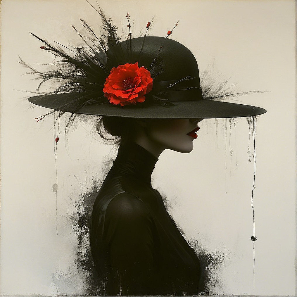 Silhouette of a Woman in Elegant Black Hat and Outfit