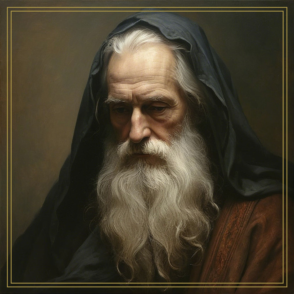 Elderly man in hooded cloak with flowing beard and wisdom