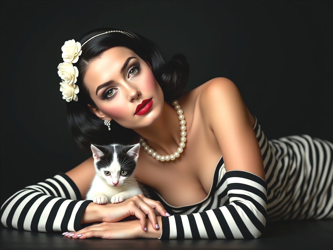 Glamorous Vintage Woman with Kitten in Dark Setting