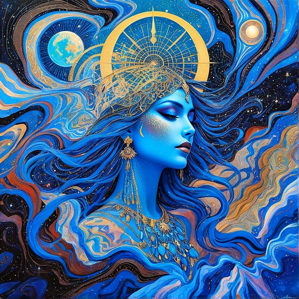 Mystical Woman with Blue Hair and Cosmic Elements