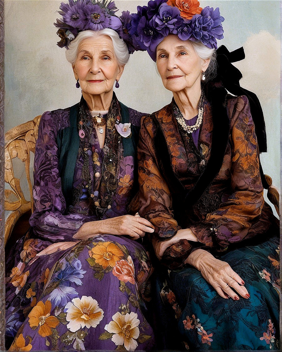 Elderly Women in Floral Outfits and Elaborate Hats