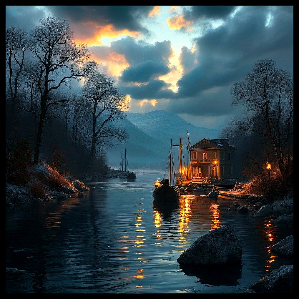 Twilight Waterfront Scene with Illuminated House and Boats