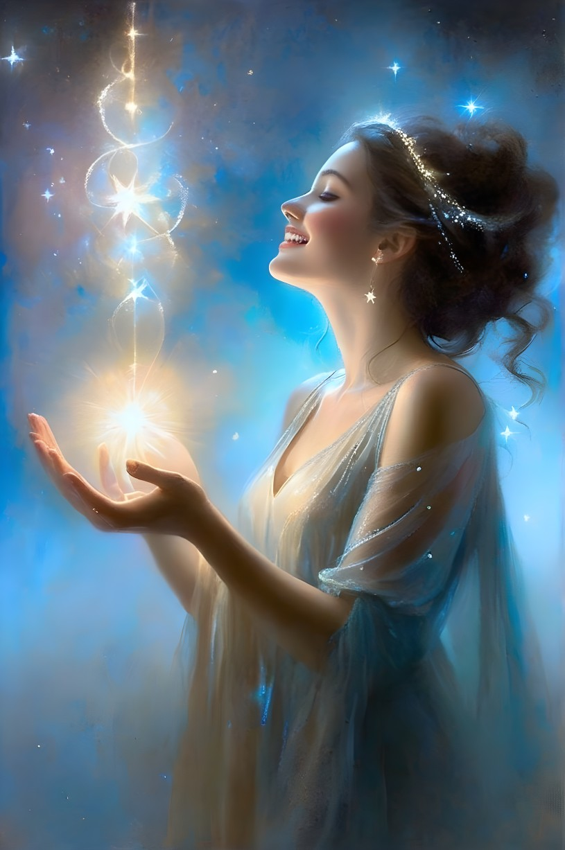 Serene woman with glowing orbs in starry background