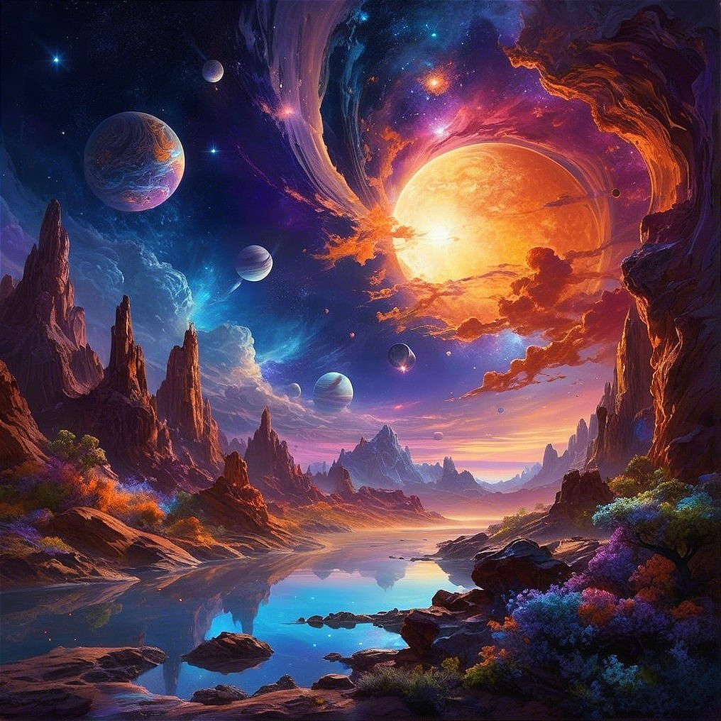 Cosmic Landscape with Orange Planet and Vibrant Sky