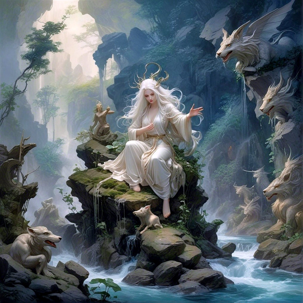 Mystical forest scene with a serene figure and creatures