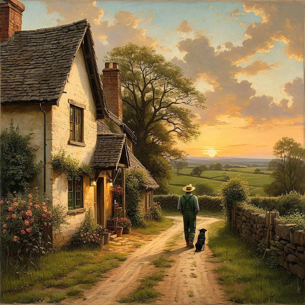 Serene countryside scene with man and dog at sunset